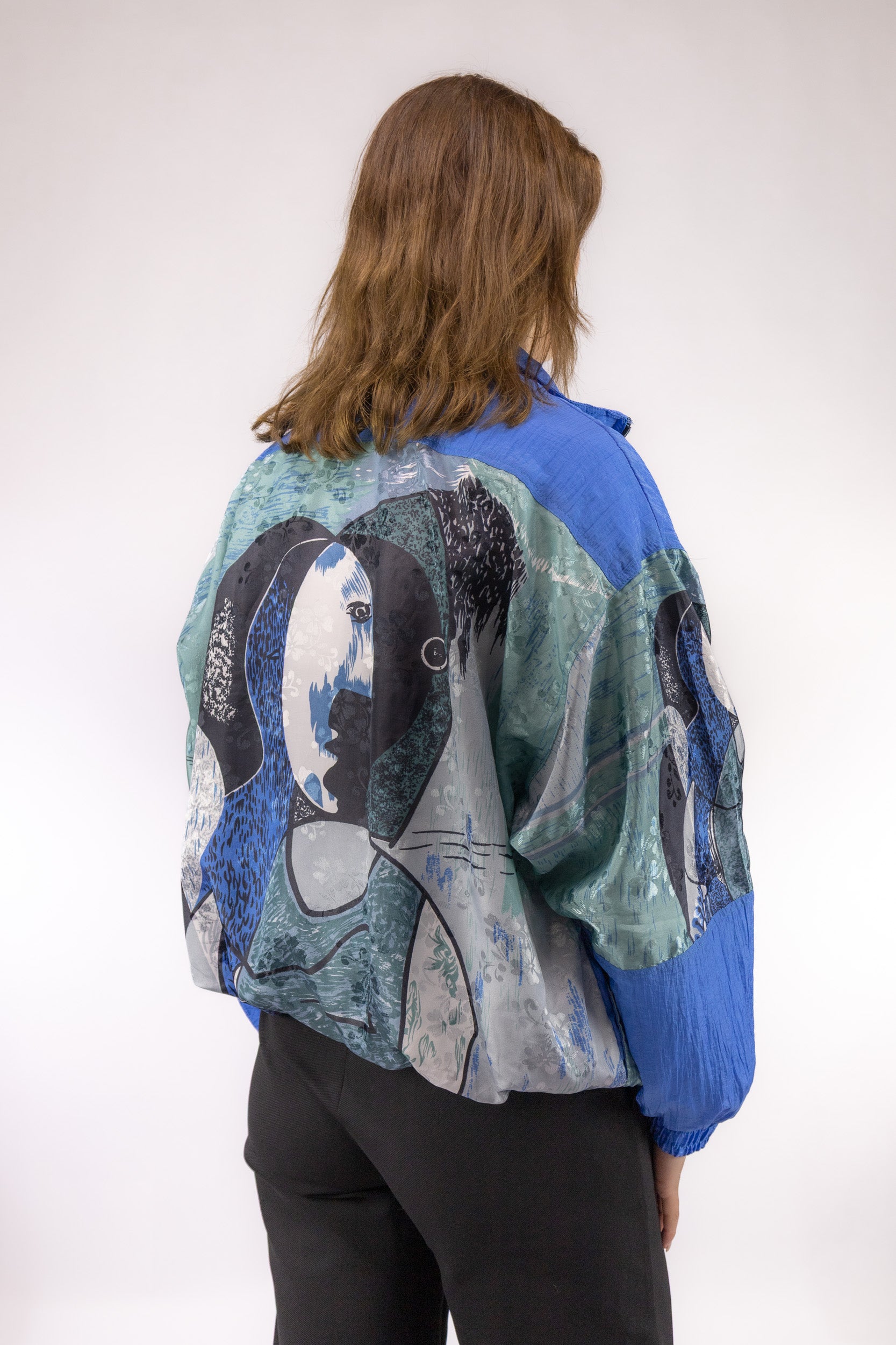 vintage bomberjack achterkant picasso patroon jacquard blauw
