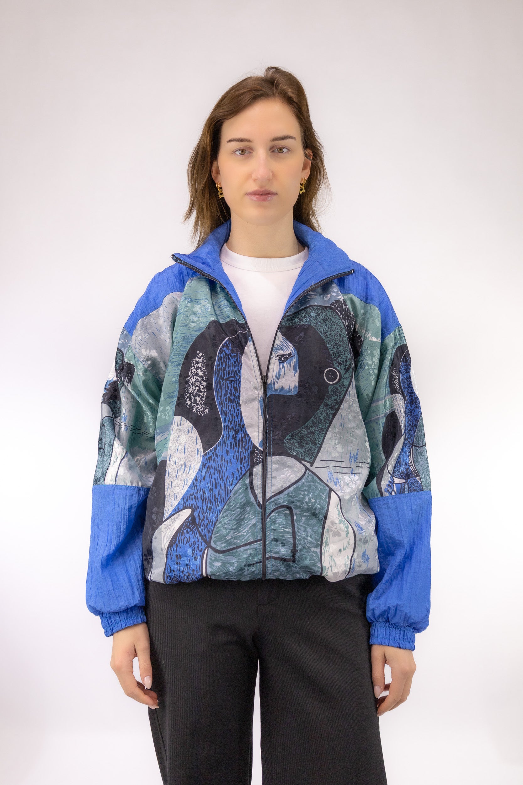 vintage bomberjack voorkant picasso print blauw jacquard rits