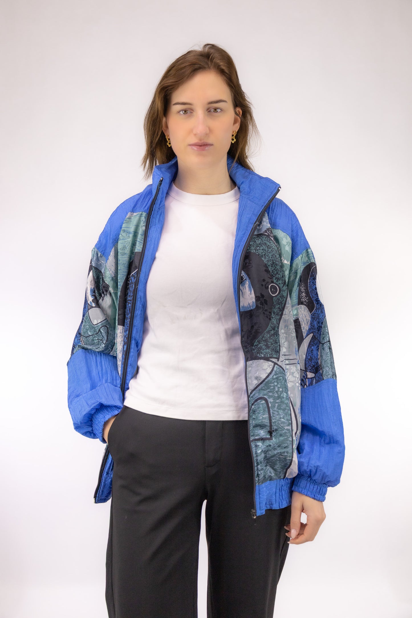 vintage bomberjack voorkant picasso print blauw jacquard rits
