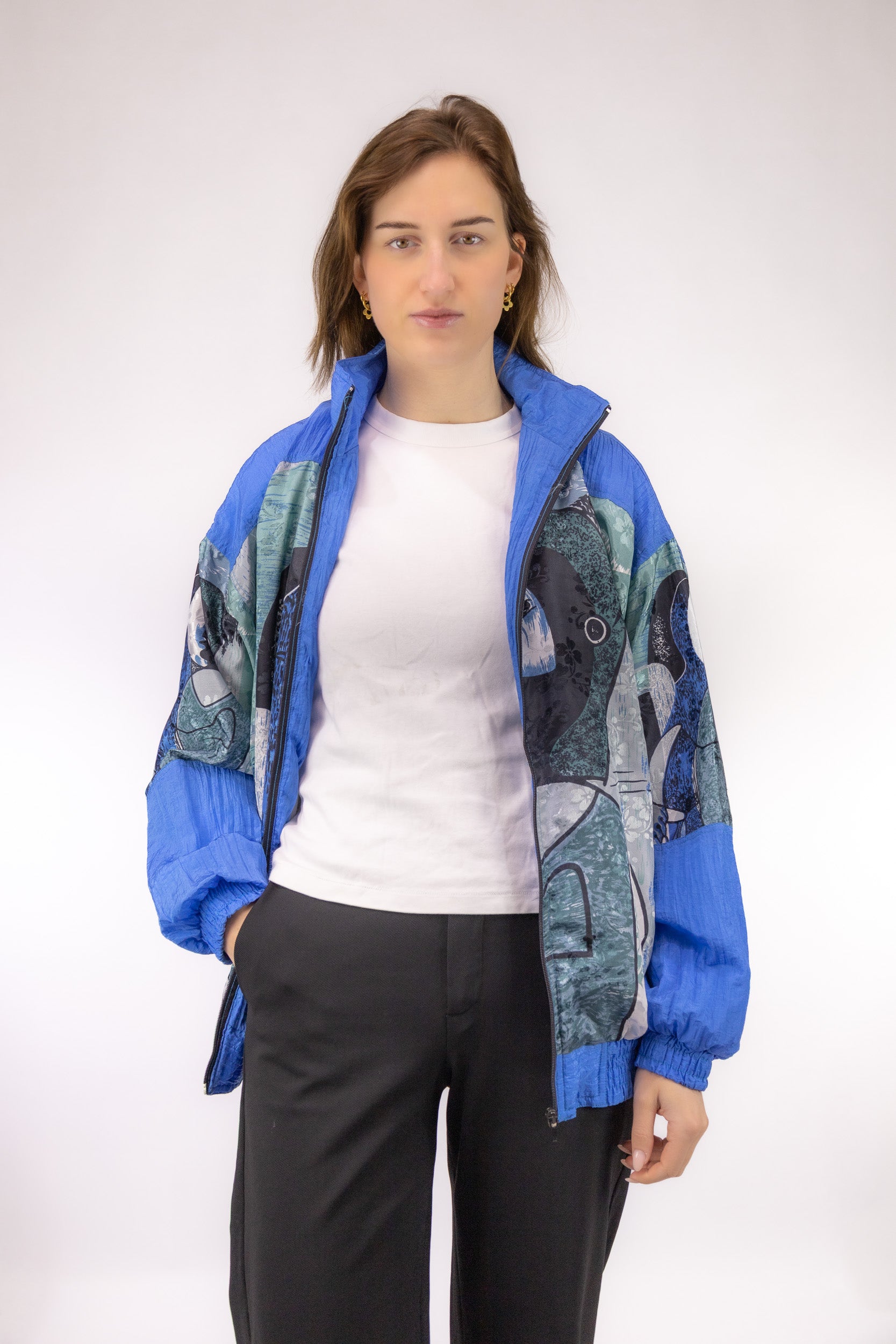 vintage bomberjack voorkant picasso print blauw jacquard rits