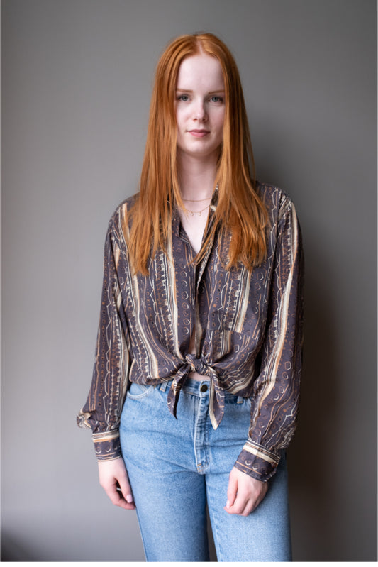 vintage zijde blouse met abstract dessin