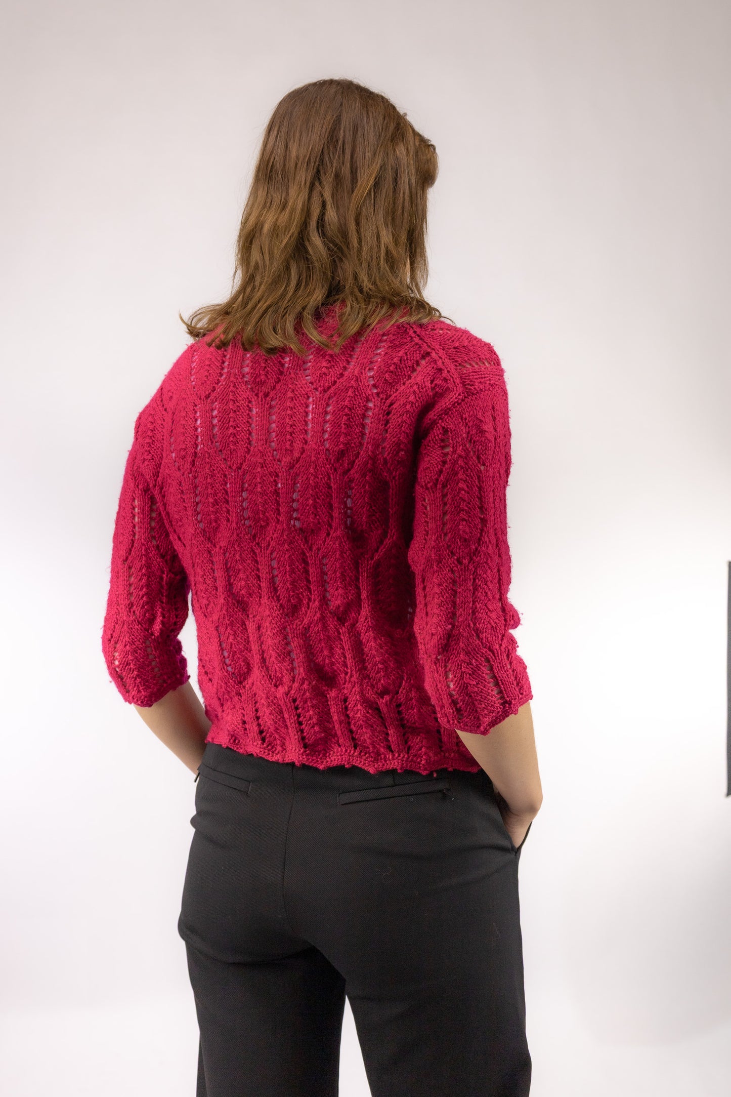 vintage roze gebreid vest achterkant Diavolo Rosa Marsel 3 kwart mouw