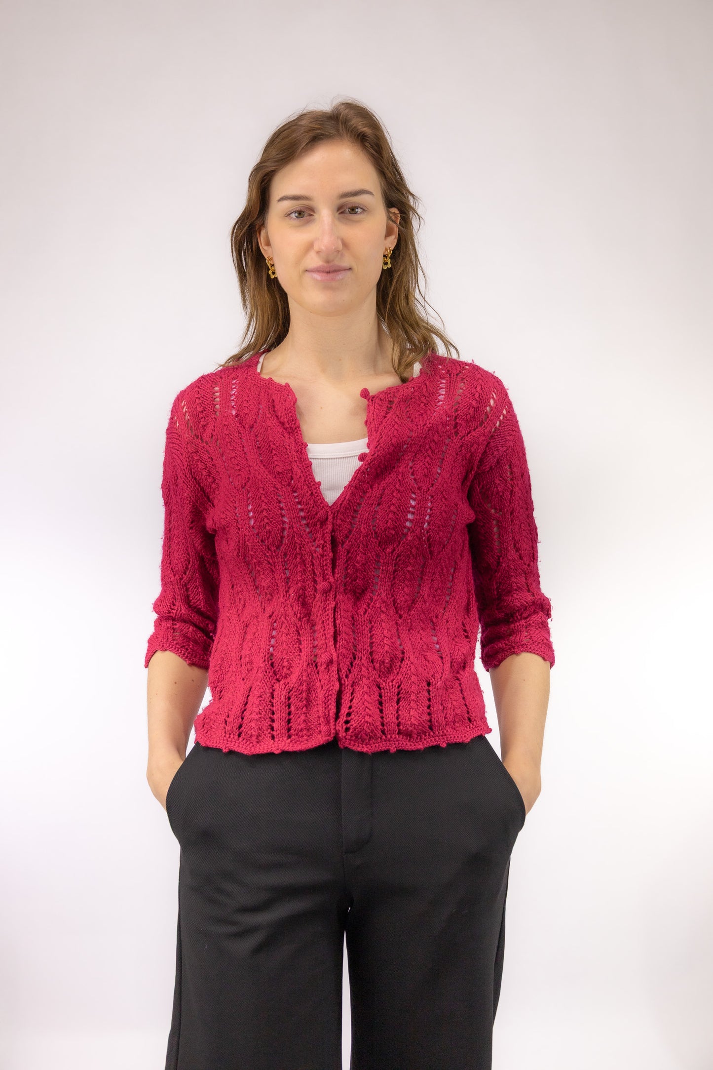 vintage roze gebreid vest voorkant Diavolo Rosa Marsel ingeweven dessin
