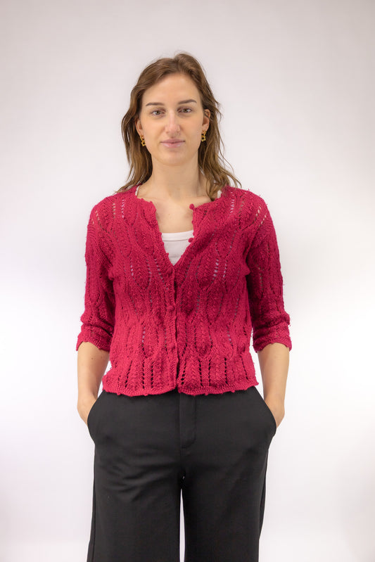 vintage roze gebreid vest voorkant Diavolo Rosa Marsel ingeweven dessin