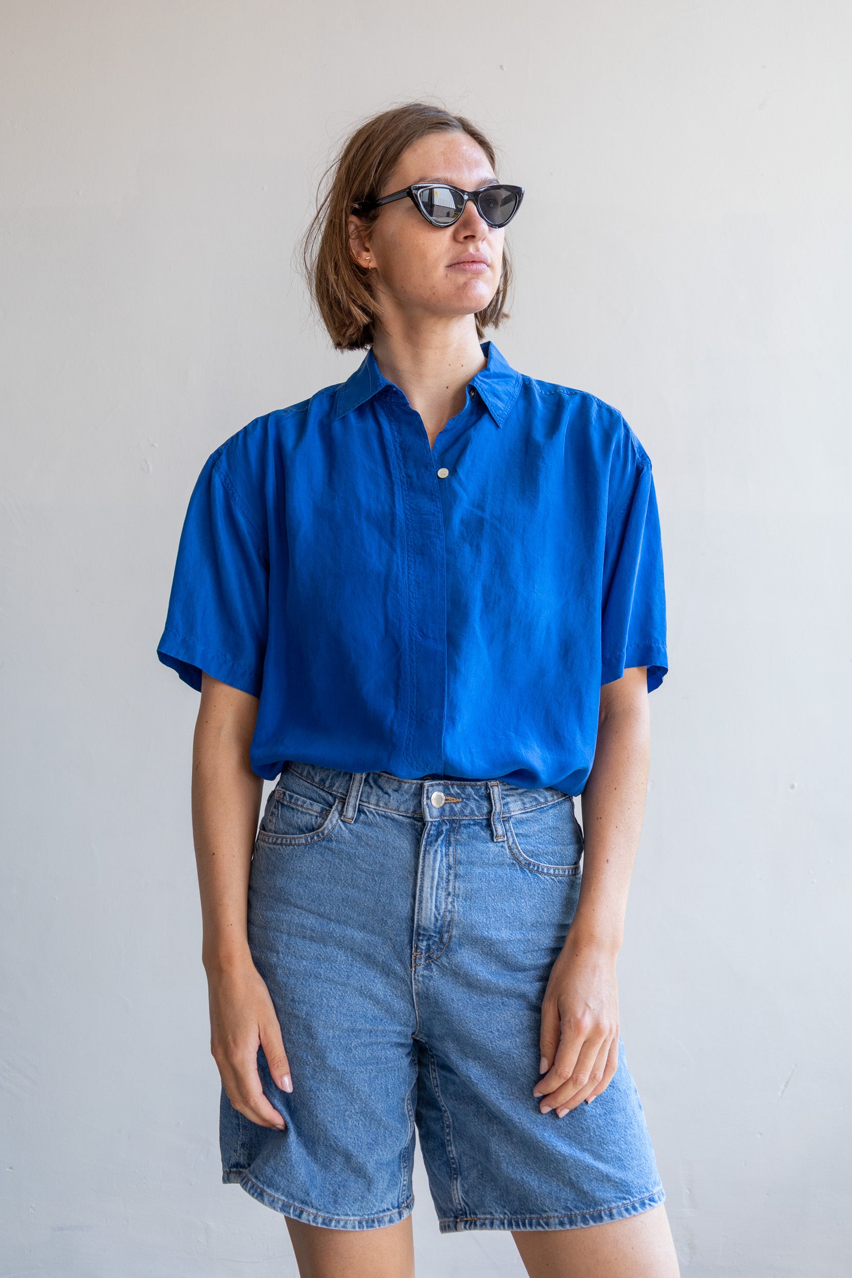 vintage kobaltblauwe zijden blouse New York Studio
