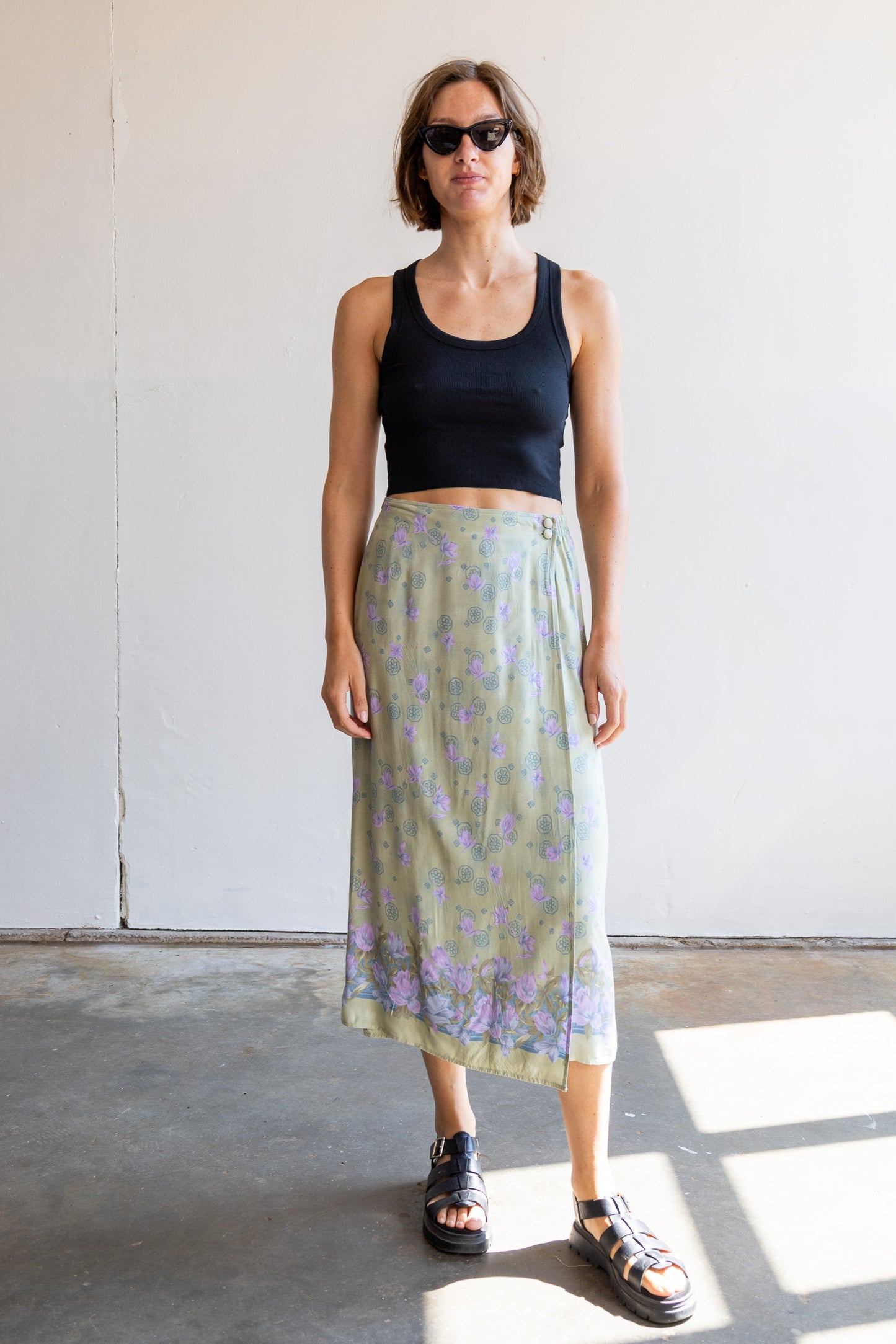 vintage mintgroene rok met paarse bloemenprint Sag Harbor