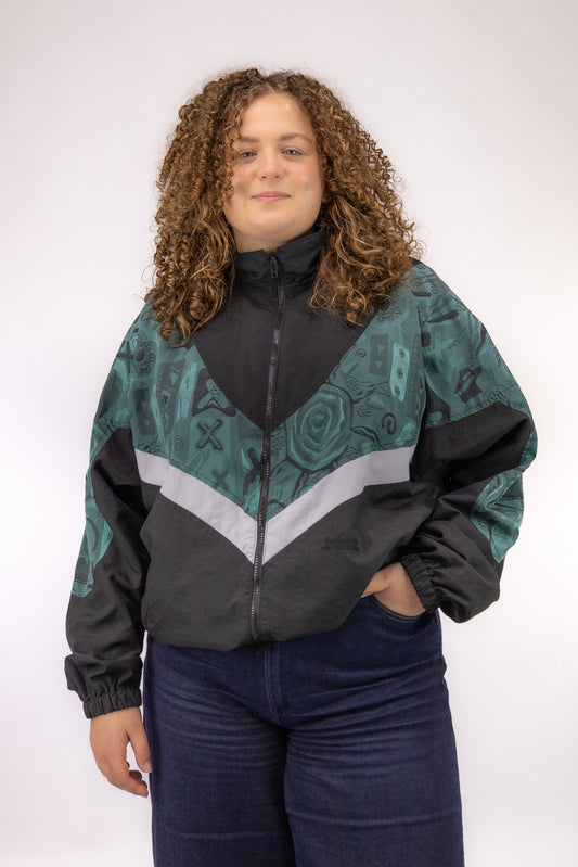vintage sportswear jacket zwart wit groen jacquard oversized fit voorkant