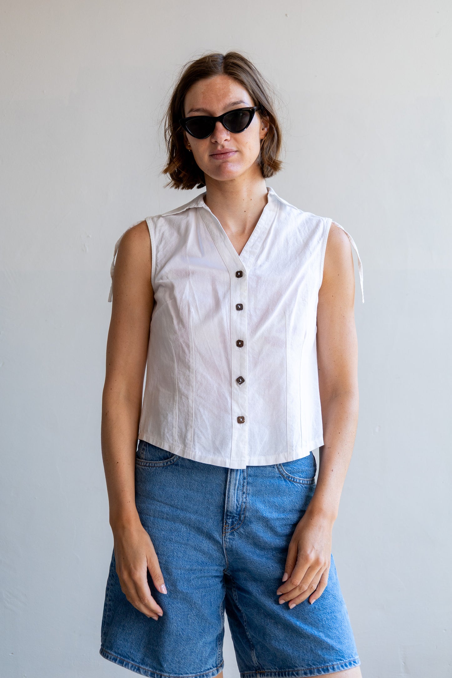 vintage mouwloze katoenen blouse