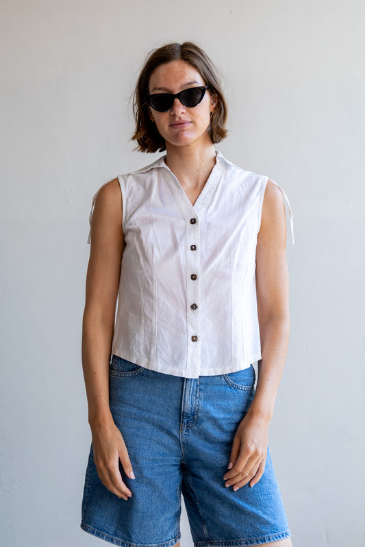 vintage mouwloze katoenen blouse