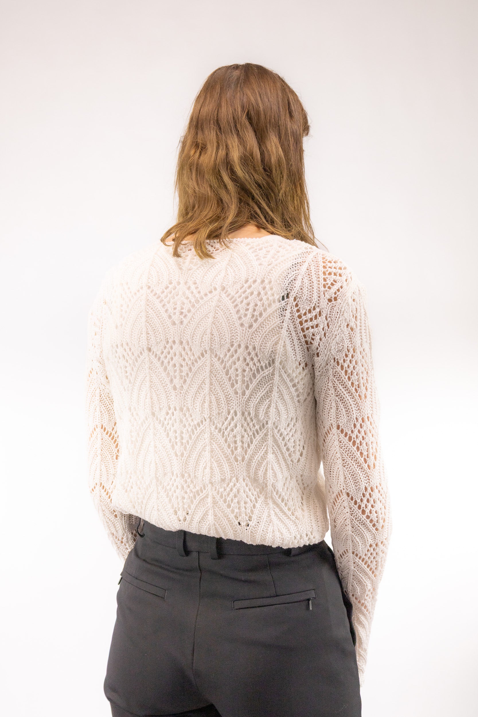 vintage witte open knit trui achterkant ingeweven patroon v neck
