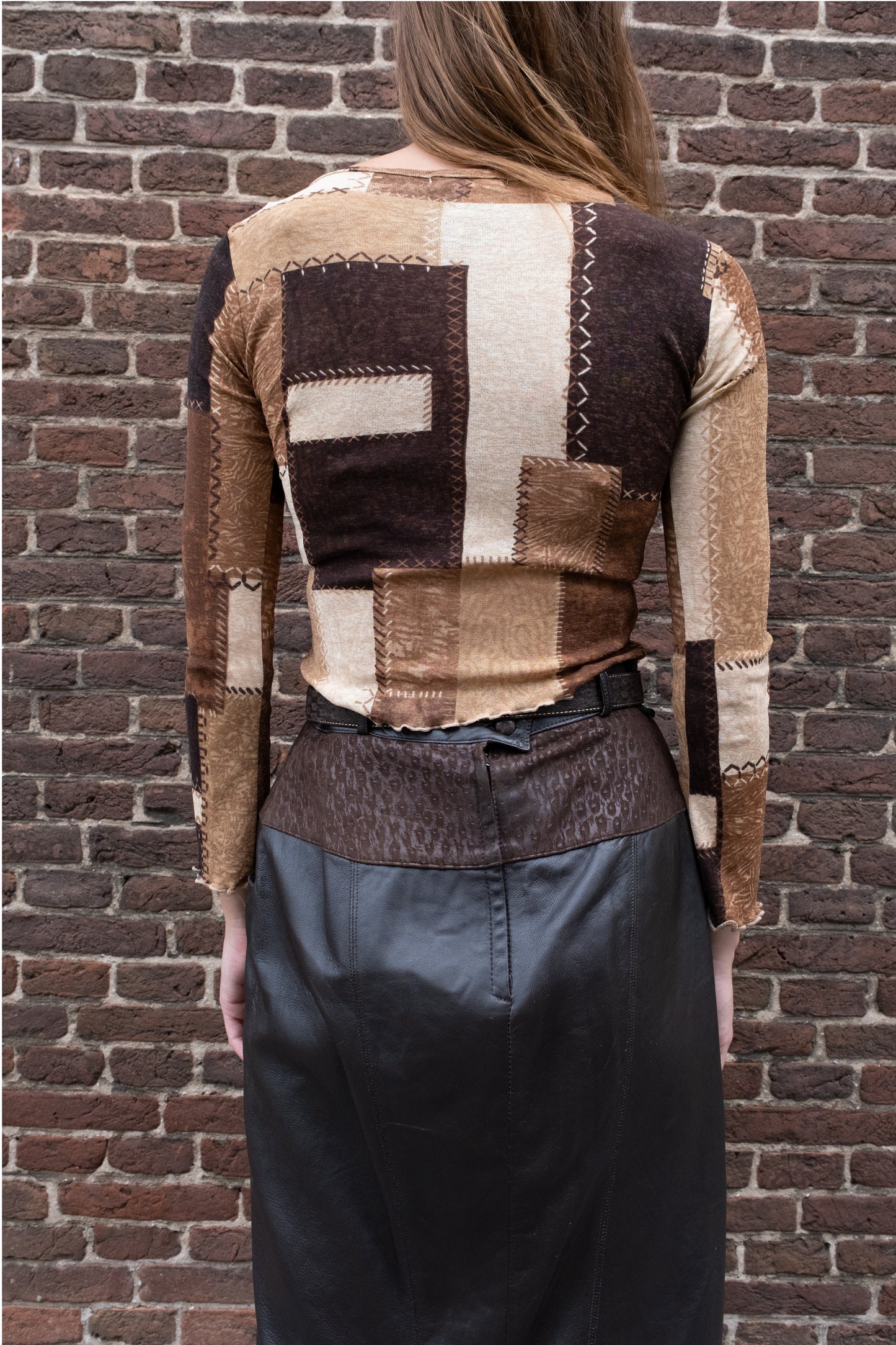 vintage-y2k-top-patchwork-bruin-leather-leer-rok-bruin_