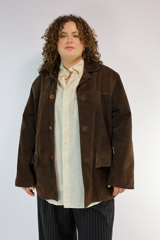 Vintage bruin suède jacket met knoopsluiting en oversized pasvorm