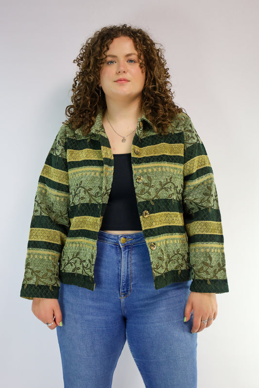 Vintage groen jacquard geweven jack van Keren Hart met gouden details