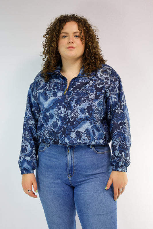 Vintage blauwe zijden bomberjas met oversized pasvorm en steekzakken