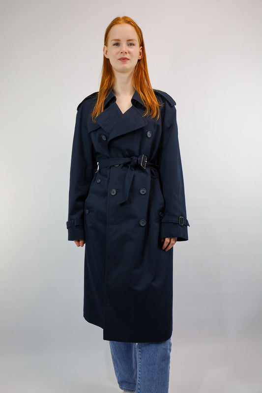 Vintage donkerblauwe trenchcoat met epauletten en ceintuur, double breasted