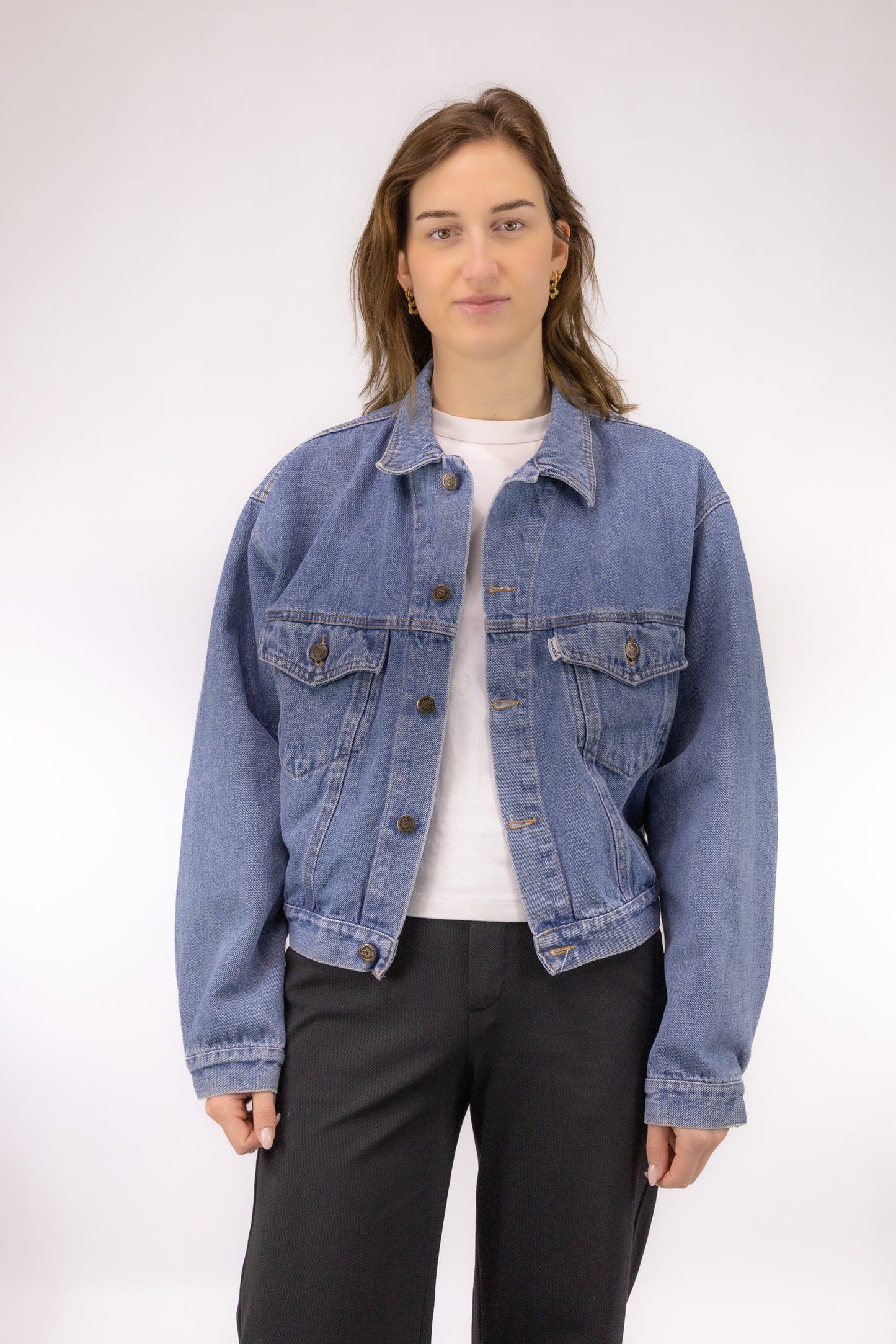 vintage denim jacket cropped lichte wassing voorkant